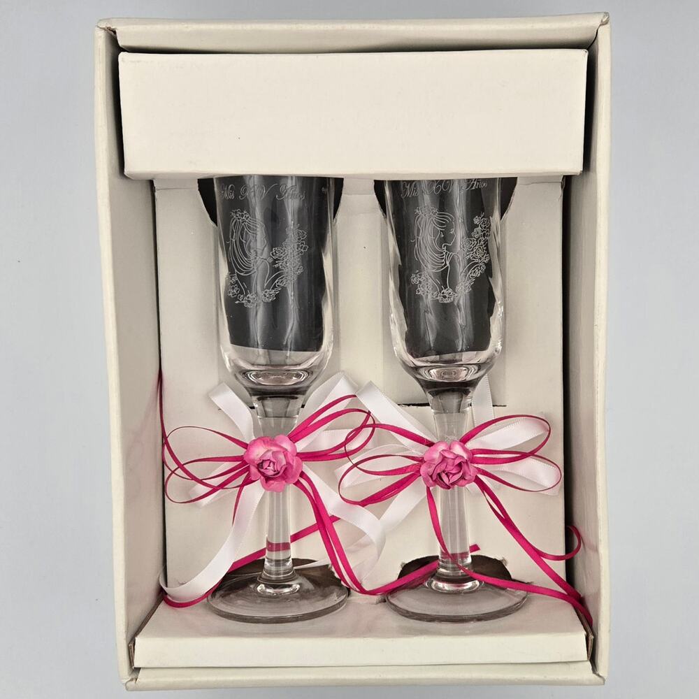 My Quinceanera Stemmed Toasting Glasses with Ribbons in Pink and White